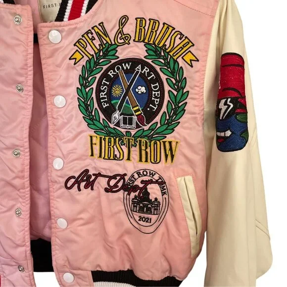 First Row Pen & Brush Cropped Varsity Jacket Pink White Patches Sz S - Picture 3 of 12